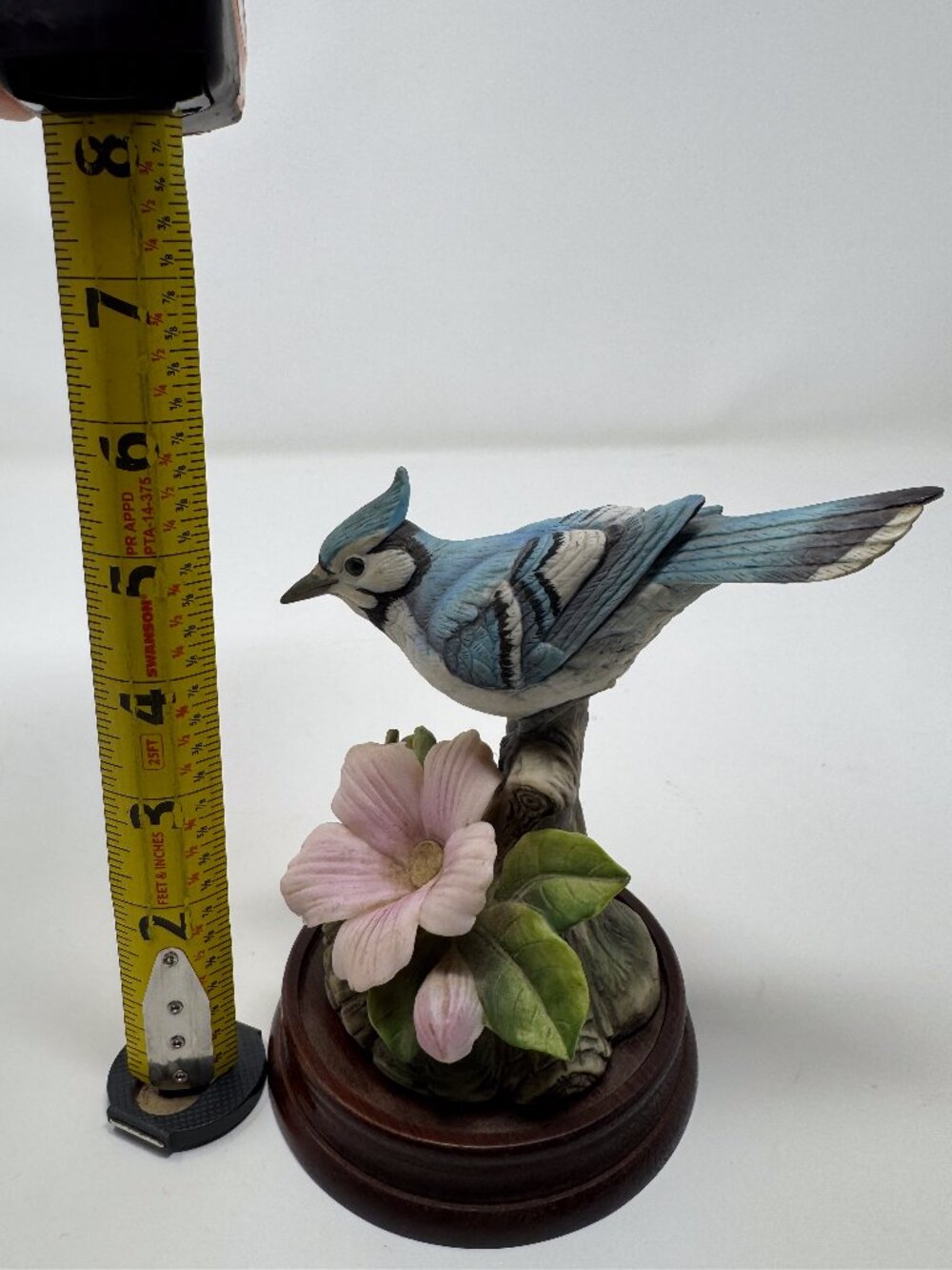 Vintage Blue Jay Bird Figurine Statue on Wood Base Pink Flower Nature Decor - Picture 6 of 6